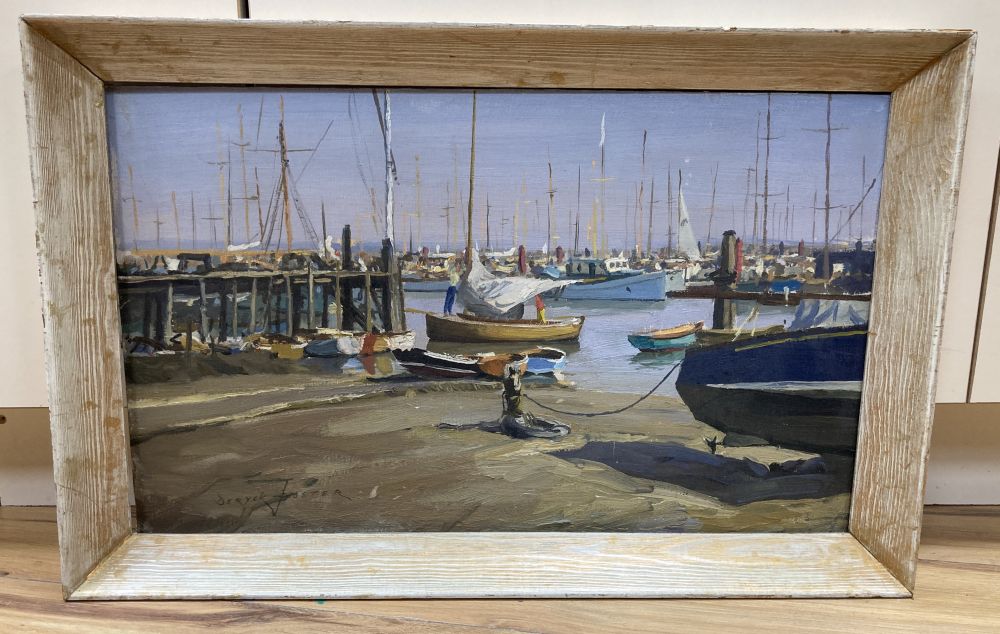 Deryck Foster (1924-2011), oil on board, Fishing boats in harbour, signed, 30 x 50cm